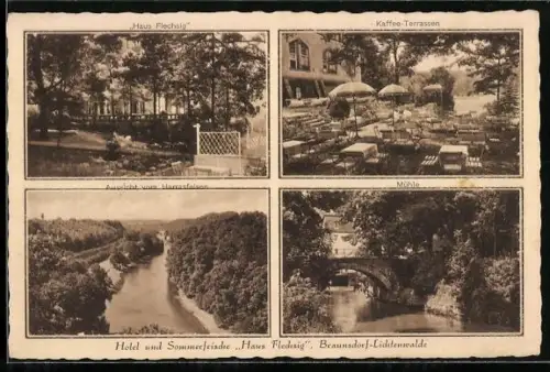 AK Braunsdorf-Lichtenwalde, Hotel Haus Flechsig, Mühle, Aussicht vom Harrasfelsen
