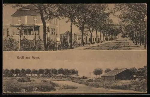 AK Apen, Strassenpartie und Teilansicht des Ortes
