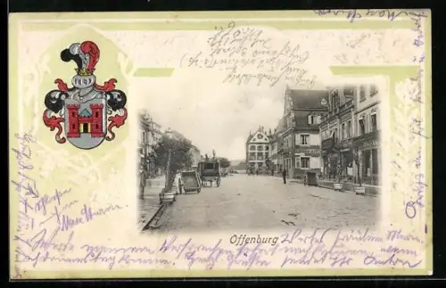 Passepartout-Lithographie Offenburg, Strassenpartie mit Einhorn-Apotheke und Stadtwappen im Passepartout