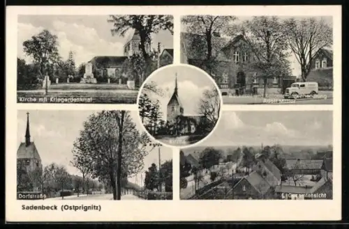 AK Sadenbeck /Ostprignitz, Kirche mit Kriegerdenkmal, Gesamtansicht und Bäckerei von Adolf Müller