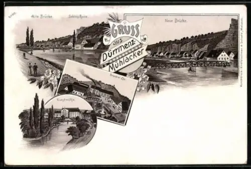 Lithographie Dürrmenz-Mühlacker, Brauerei Leo, Neue Brücke, Schloss Ruine, Kunstmühle