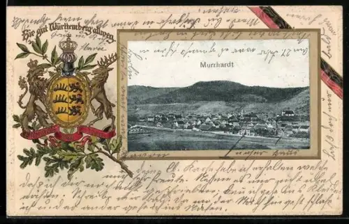 Passepartout-Lithographie Murrhardt, Totalansicht des Ortes und Wappen des Königreichs Württemberg
