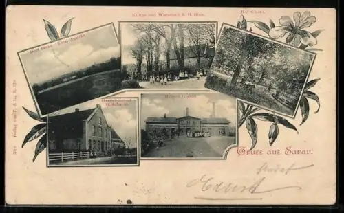 Passepartout-AK Sarau, Gasthof H. Schacht, Meierei und Hof Glasau, Totalansicht