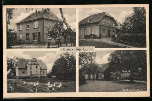 AK Braak / Eutin, Bäckerei & Kolonialwarenhandlung v. Gust. Knaack, Gasthaus Bredfeldt, Ortspartieen