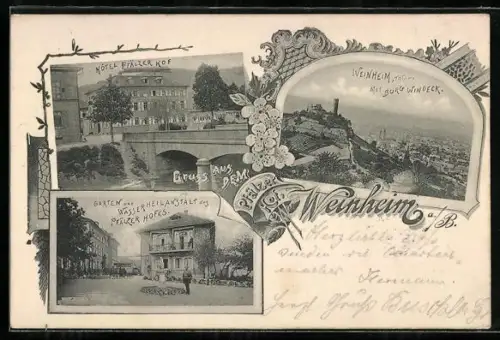 AK Weinheim a. B., Totalansicht, Hotel Pfälzer Hof und Wasserheilanstalt