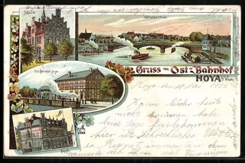 Lithographie Hoya a. Weser, Weserpartie mit Schule, Ost-Bahnhof und Post