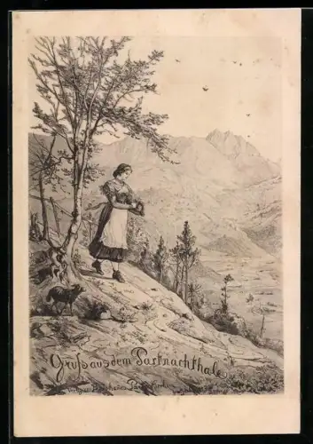 AK Garmisch, Partie mit Bäuerin im Partnachthale