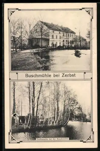 AK Zerbst, Gasthaus Buschmühle, Nuthepartie bei der Buschmühle