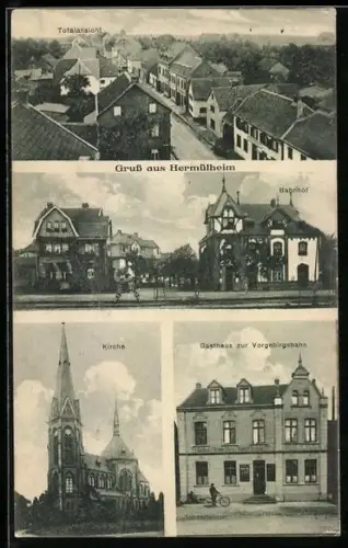 AK Hermülheim, Bahnhof, Gasthaus zur Vorgebirgsbahn, Totalansicht und Kirche