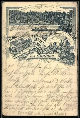 Lithographie Ebnisee, Hotel, Ebersburg und Seepartie