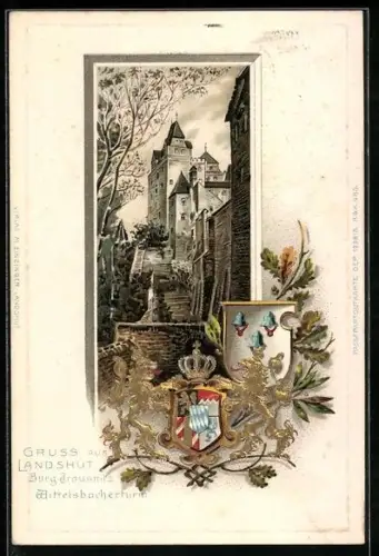 Passepartout-Lithographie Landshut / Isar, Burg Tausnitz mit Wittelsbacherturm, Stadtwappen