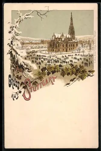 Winter-Lithographie Stuttgart, Schlittschuhläufer vor der Kirche