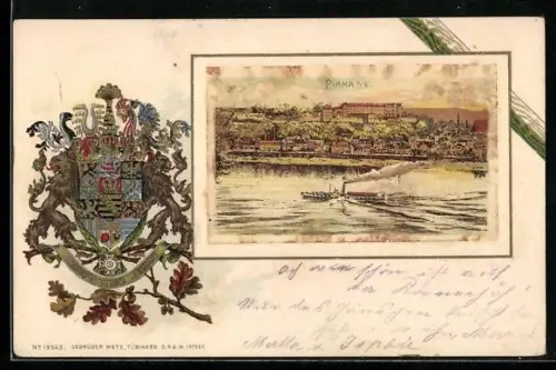 Passepartout-Lithographie Pirna a. E., Dampfer auf der Elbe mit Stadt-Panorama, Wappen