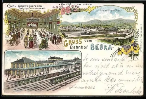 Lithographie Bebra, Züge im Bahnhof, Carl Schwerdtfeger Bahnhofrestaurant