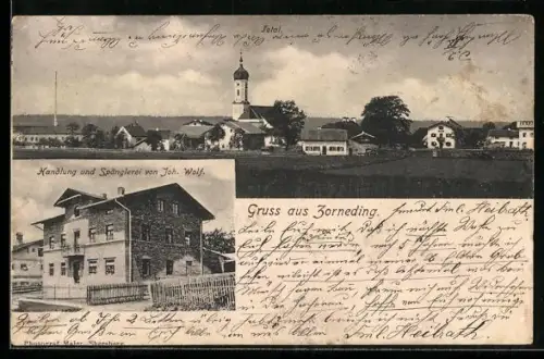AK Zorneding, Handlung und Spänglerei von Joh. Wolf, Totalansicht