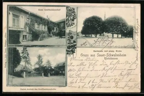 AK Sauer-Schwabenheim, Hotel Greiffenklauerhof, Marktplatz mit evang. Kirche