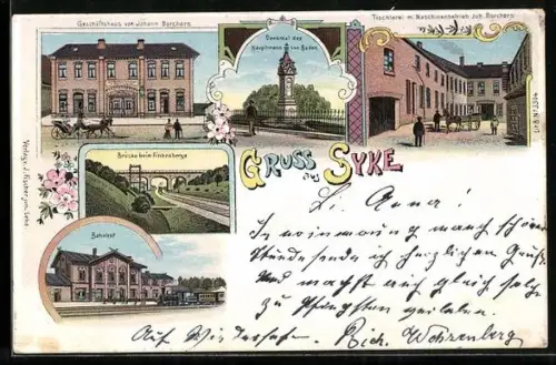Lithographie Syke, Geschäft von Johann Borchers, Bahnhof und Tischlerei