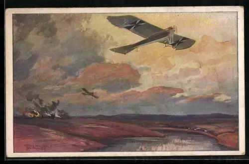 Künstler-AK Hans Rudolf Schulze: Deutscher Luftflotten-Verein, Militärtaube auf Erkundungsflug bei den masurischen Seen