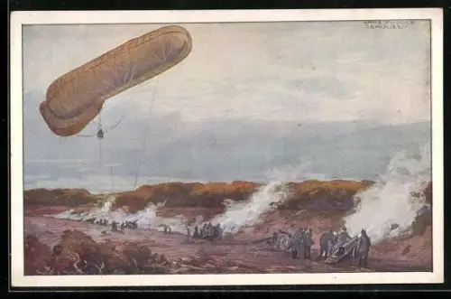 Künstler-AK Hans Rudolf Schulze: Fesselballon beobachtet die Wirkung der Artillerie