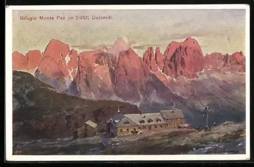 Künstler-AK Rifugio Monte Pez, Blick auf die Hütte
