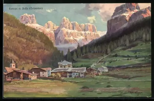 Künstler-AK Rudolf Alfred Höger: Canazei in Fassa, Ortspartie, Dolomiten