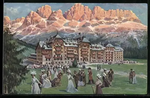 Künstler-AK Rudolf Alfred Höger: Karersee, Hotel mit Rosengarten