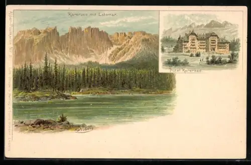 Lithographie Karersee, Seeblick mit Latemar, Totalansicht Hotel Karersee