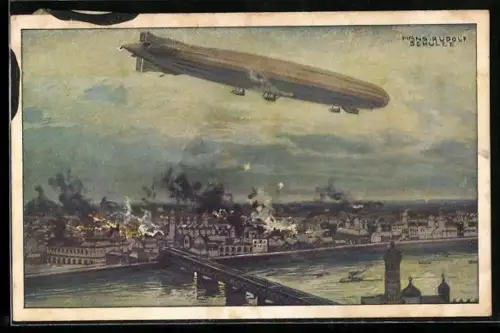 Künstler-AK Hans Rudolf Schulze: Warschau, Luftschiff Schütte-Lanz überfliegt die Stadt
