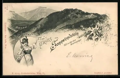 AK Schottwien, Sonnwendstein, Blick zum Berg mit Schneeberg u. Raxalpe, Frau in Tracht