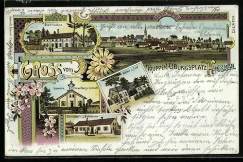 Lithographie Hagenau, Truppen-Übungsplatz, Wache und Post, Wirtschaft Zum Schwanen, Depot-Cantine, Verwaltungsgebäude