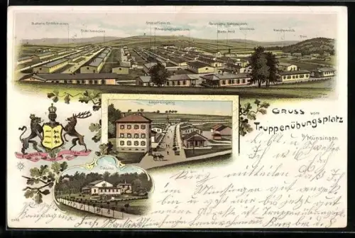 Lithographie Münsingen, Truppen-Übungsplatz mit Geschäfts-Zahlmeisterb., Offiziersb. u. Bade-Anst., Lagereingang