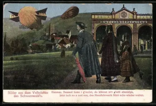 AK Schwarzwald, Familie vor der Luftschiffstation beobachtet Zeppelin in der Luft