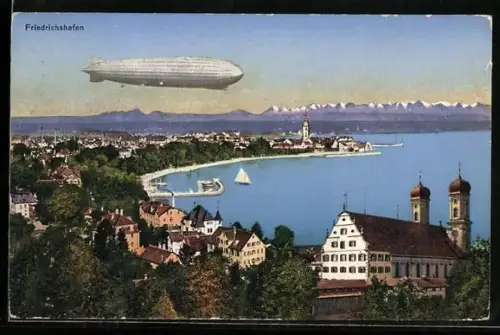 AK Friedrichshafen, Zeppelin fliegt über die Stadt
