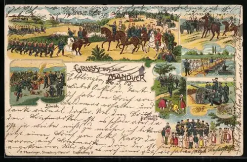 Lithographie Gruss aus dem Manöver, versch. Szenen, Krieg im Frieden, Biwak, auf Patrouille und am Abend