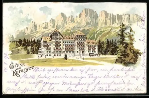 Lithographie Karersee, Ortspartie mit Hotel