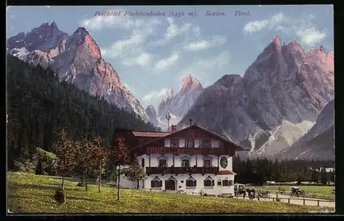 AK Sexten, Posthotel Fischleinboden mit Bergen im Hintergrund