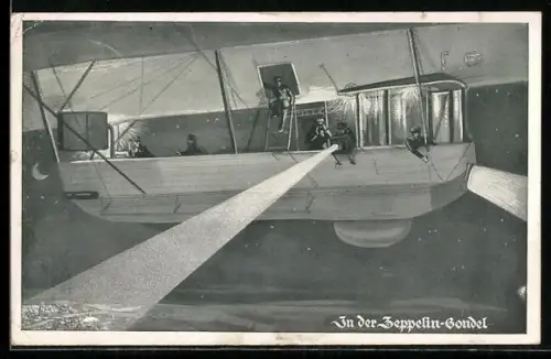 AK Zeppelin-Gondel nachts mit Scheinwerfern im Flug