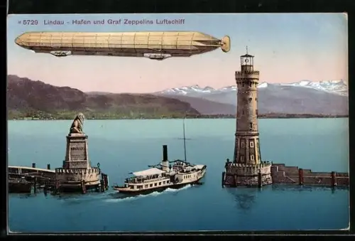 AK Lindau i. B., Hafenausfahrt und Graf Zeppelin`s Luftschiff mit Bodenseedampfer