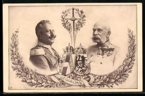 AK Deutscher Schulverein Nr.643: Kaiser Franz Josef I. von Österreich mit Kaiser Wilhelm II. und Wappen