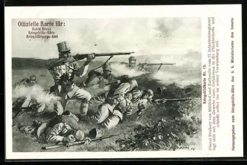 Künstler-AK Richard Assmann: Heldentat von Oberst Freiherr von Stillfried und Rathenitz vom 17. IR, Rotes Kreuz