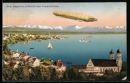 AK Friedrichshafen, Graf Zeppelin`s Luftschiff über der Stadt