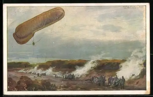 Künstler-AK Hans Rudolf Schulze: Fesselballon beobachtet die Wirkung der Artillerie