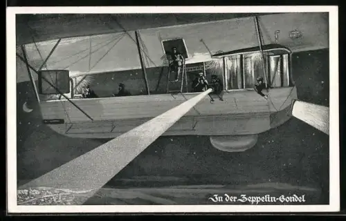 AK Zeppelin-Gondel nachts mit Scheinwerfern im Flug