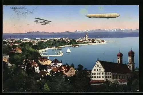 AK Friedrichshafen, Zeppelin und Wasserflugzeug über dem Hafen