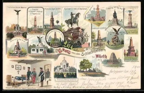 Lithographie Wörth, Schlachtfeld-Denkmal der Französischen Kürassiere, Kaiser Friedrich Reiterstandbild