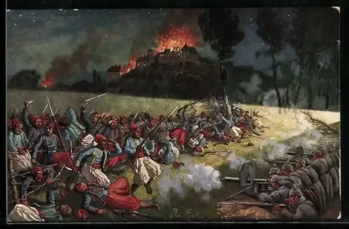 Künstler-AK Schlacht im Senegal, Nachtangriff der Senegalneger auf einen deutschen Schützengraben