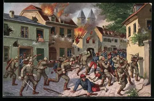 Künstler-AK Saarburg, das bayr. Inf. Leib-Regiment erstürmt die Stadt