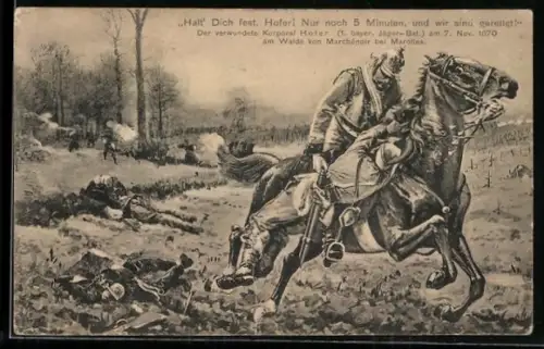 Künstler-AK Marchénoir bei Marolles, Rittmeister Graf Wachen rettet den Korporal Hofer 1870, Reichseinigungskriege