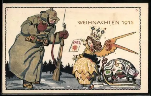 Künstler-AK sign. H. Diez: Reklame Bahlsens Keksfabrik, Soldat mit einem Weihnachtsengel mit Geschenken