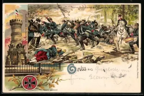 Lithographie St. Privat, Infanteristen der Garde stürmen den Ort, Denkmal d. Gardekorps, Eisernes Kreuz